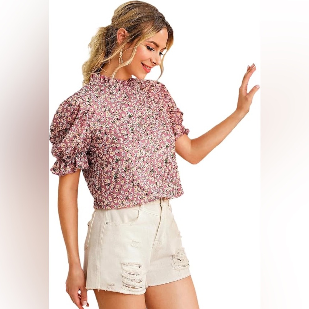 Romwe Women’s Floral Print Ruffle Sleeve Blouse